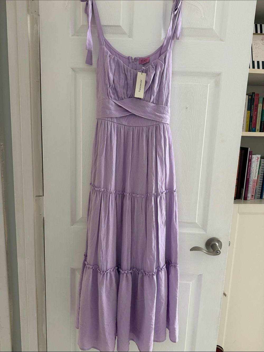 NWT Miami Francesca’s Darla Ruffled Maxi Midi Tiered Tie Dress Lilac Spring